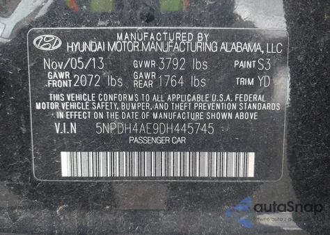 2013 Hyundai Elantra Gls from USA, damaged, VIN 5NPDH4AE9DH445745